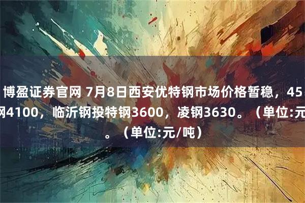 博盈证券官网 7月8日西安优特钢市场价格暂稳，45#济钢4100，临沂钢投特钢3600，凌钢3630。（单位:元/吨）